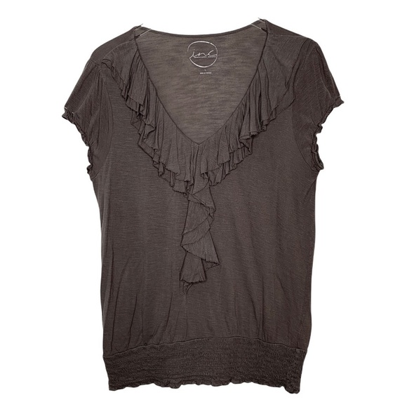 MACY'S INC INTERNATIONAL CONCEPTS Blouse  Peasant style Ruffles Dark gray - Picture 1 of 4